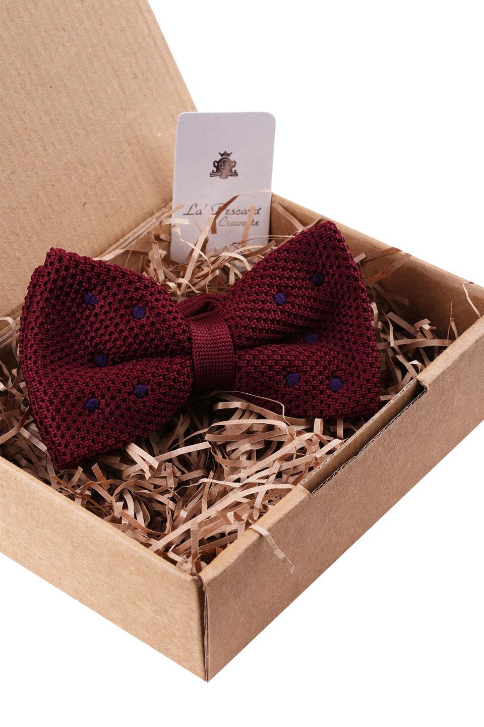 Bordo Puantiye Desen Örgü Papyon ÖR129