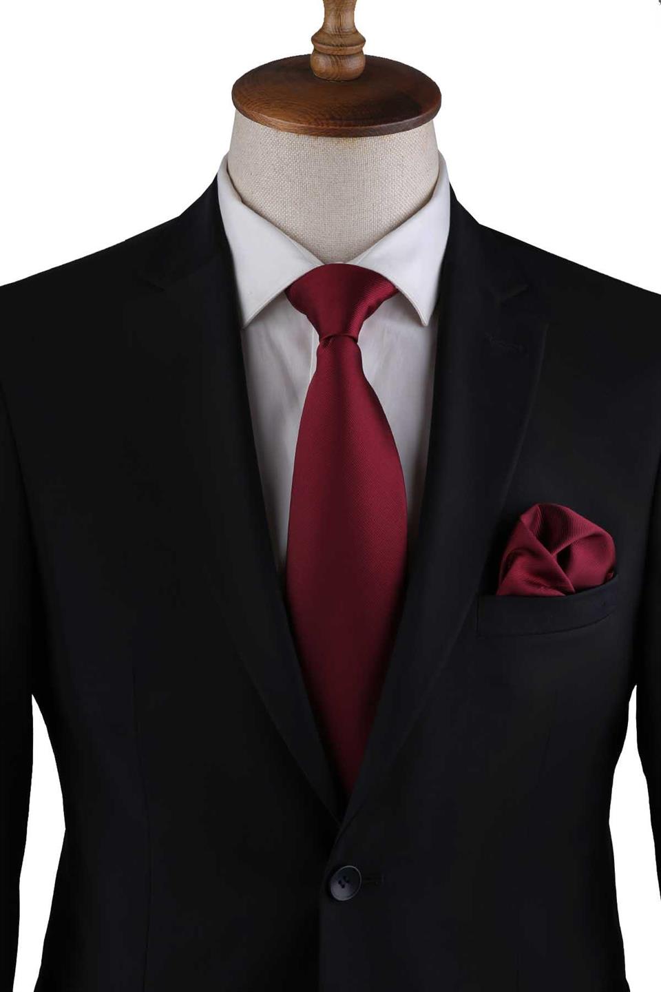 Bordo Reps Dokulu Düz Mendilli Klasik Kravat KK13180