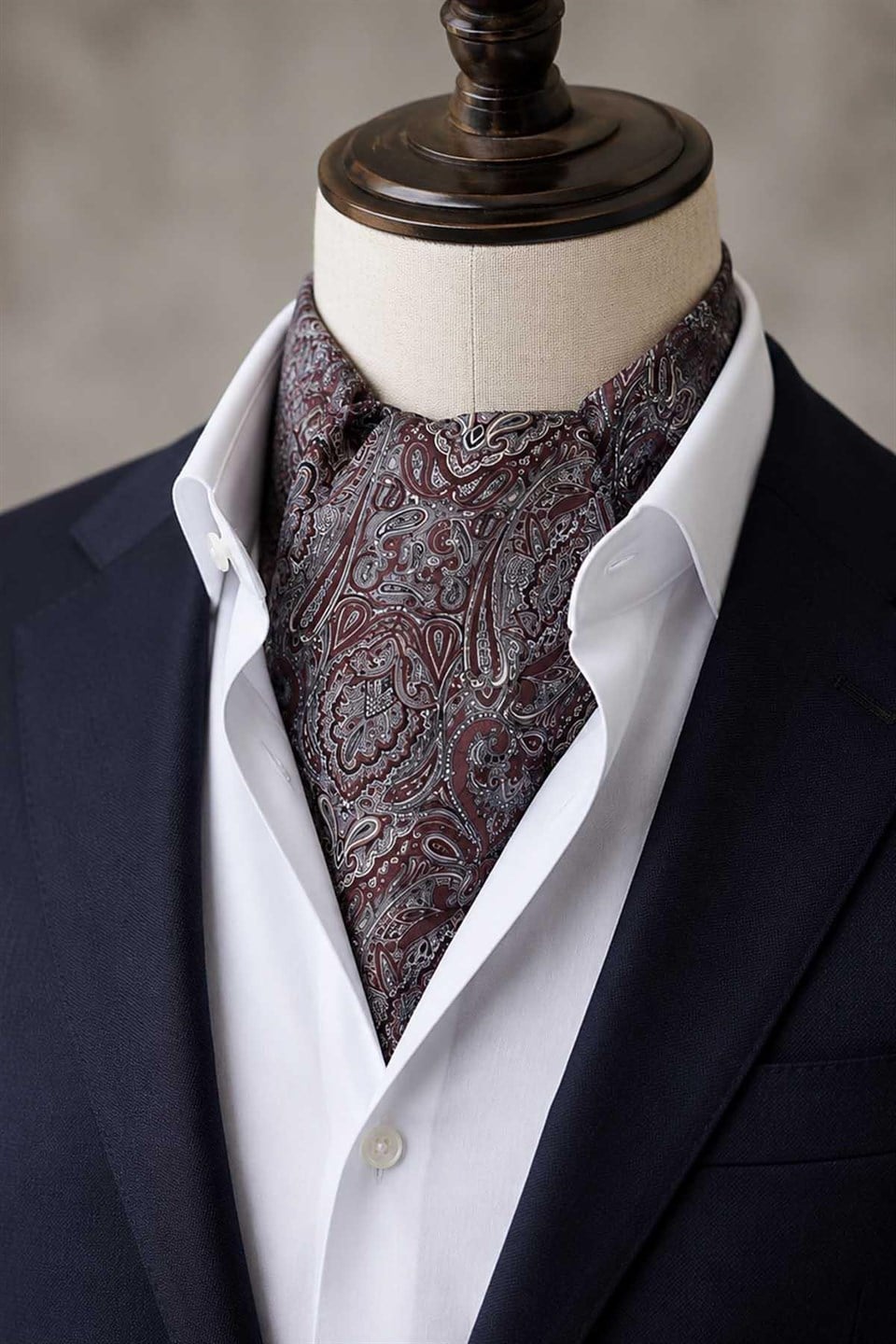 Bordo Şal Desen İtalyan İpek Ascot Kravat SAC145