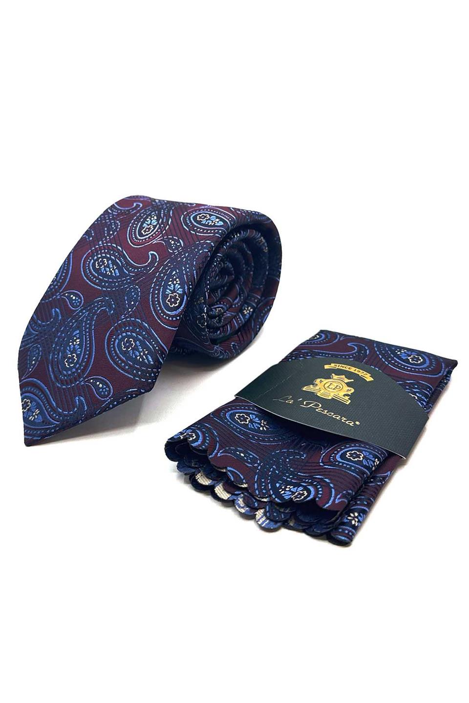 Bordo Şal Desen Mendilli Klasik Kravat KK13007