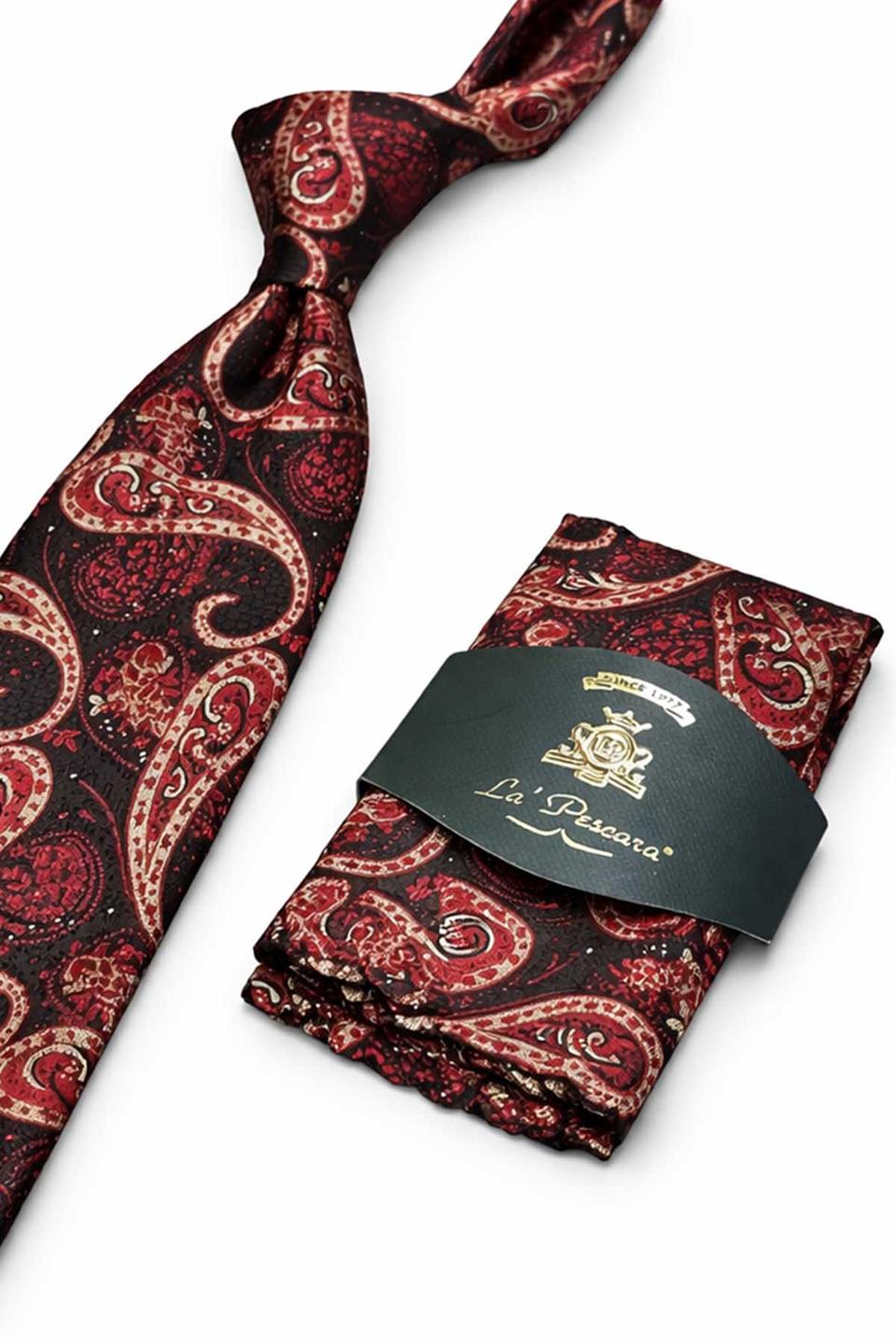 Bordo Şal Desen Mendilli Klasik Kravat KK13124