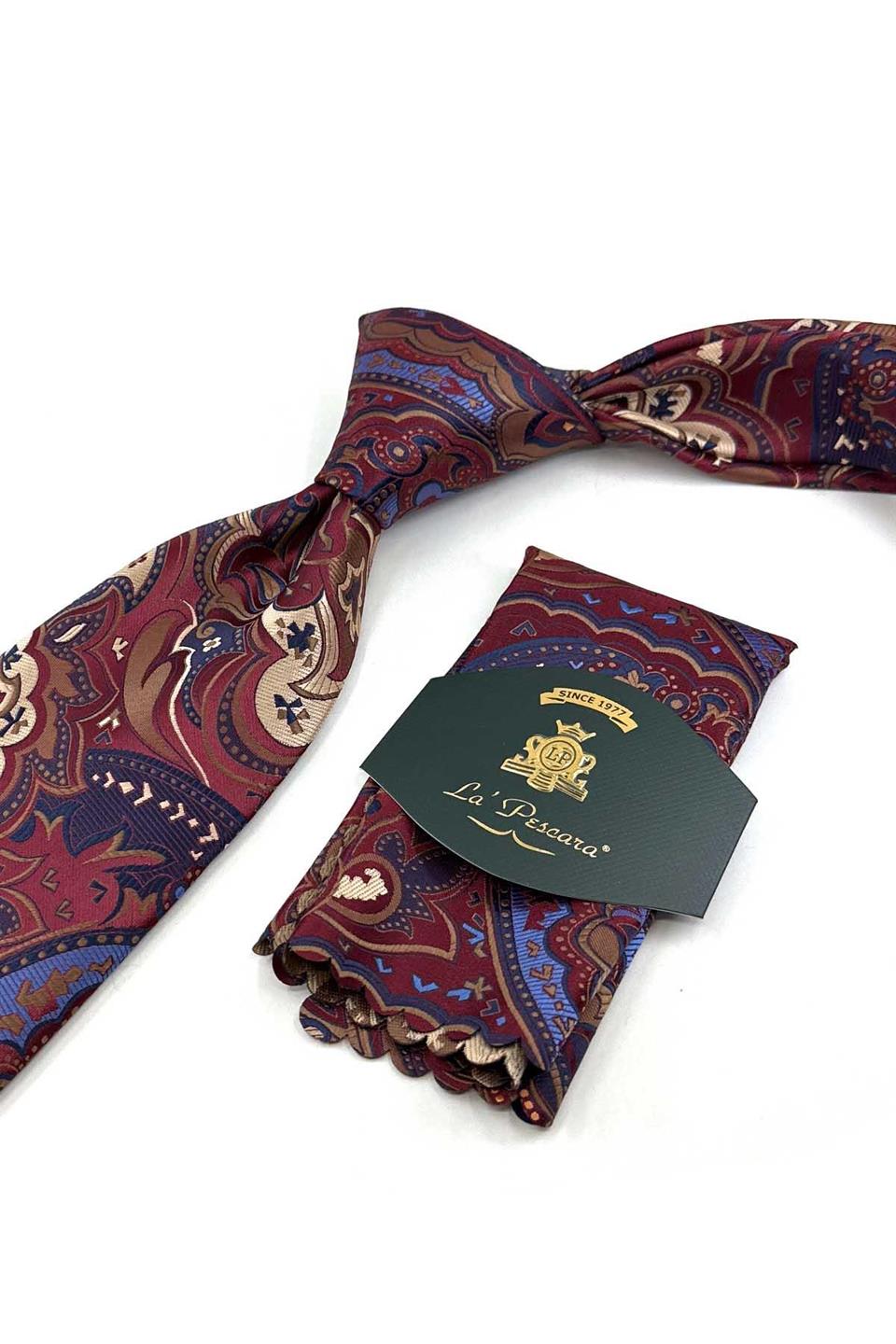 Bordo Şal Desen Mendilli Klasik Kravat KK13314