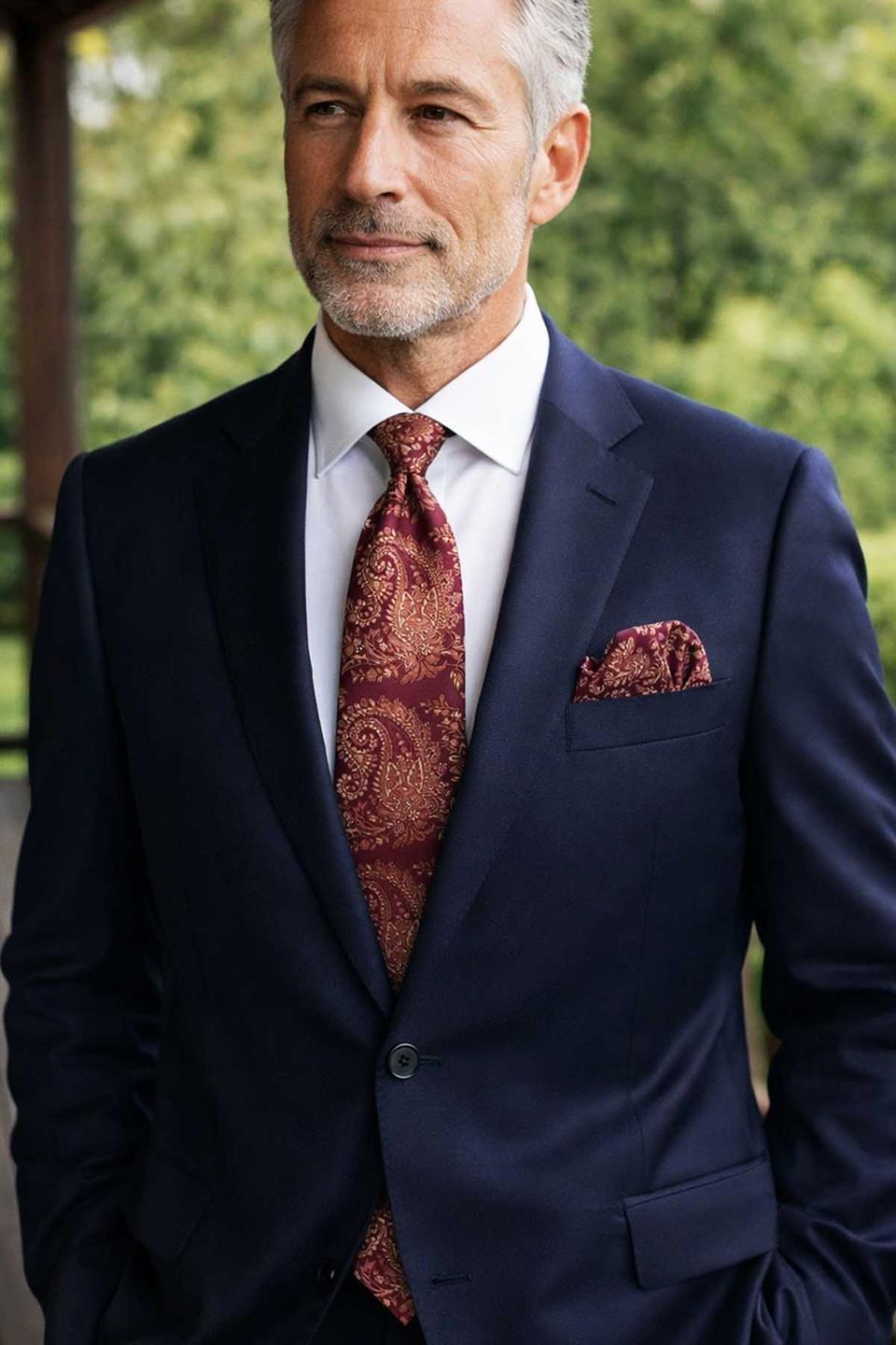 Bordo Şal Desen Mendilli Klasik Kravat KK13119