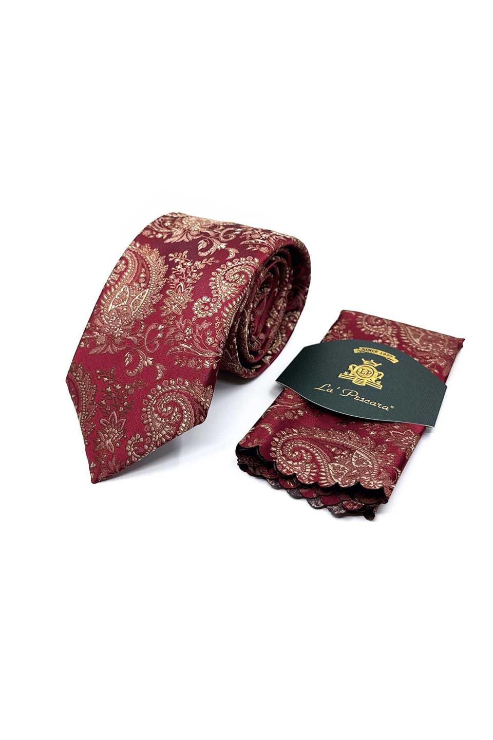 Bordo Şal Desen Mendilli Klasik Kravat KK13119