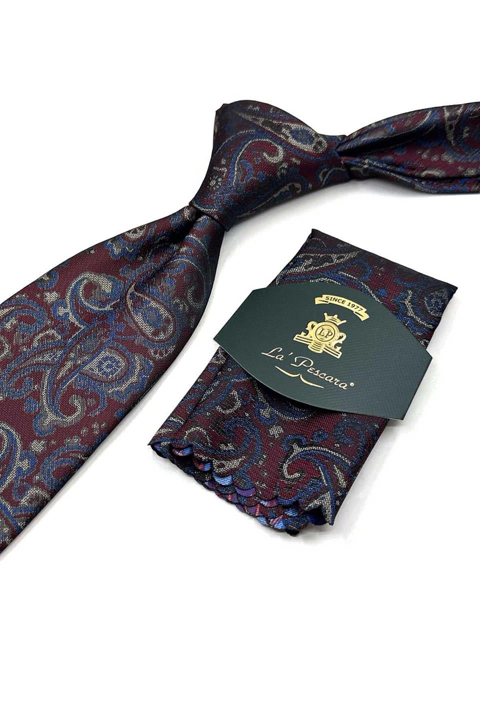 Bordo Şal Desen Mendilli Klasik Kravat KK13496