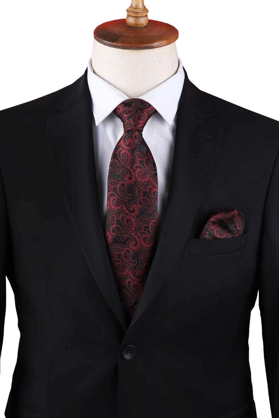 Bordo Şal Desen Mendilli Klasik Kravat KK13124