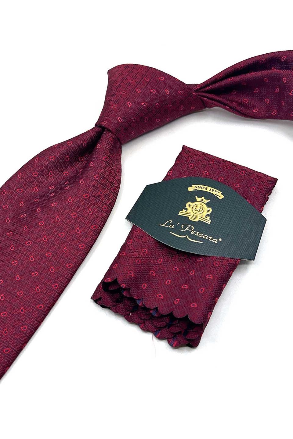 Bordo Şal Desen Mendilli Klasik Kravat KK13639