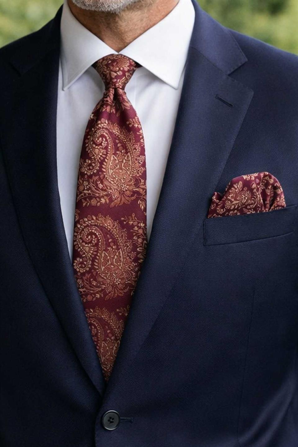 Bordo Şal Desen Mendilli Klasik Kravat KK13119