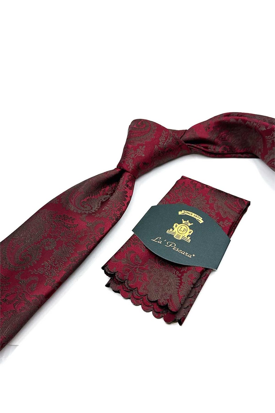 Bordo Şal Desen Mendilli Klasik Kravat KK13124