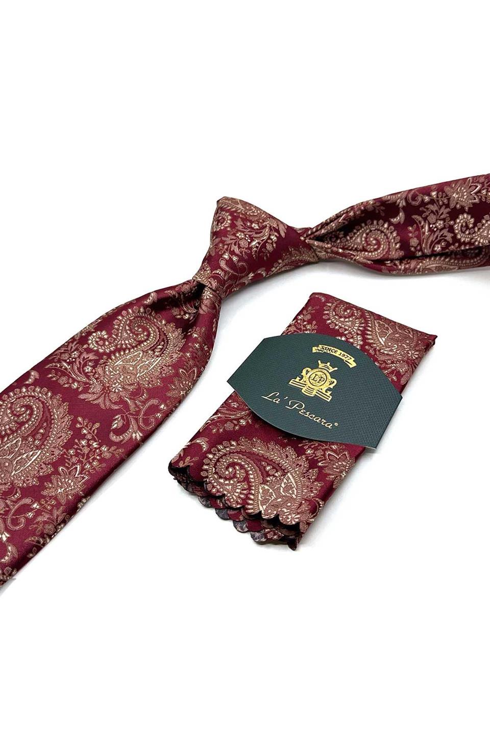 Bordo Şal Desen Mendilli Klasik Kravat KK13119