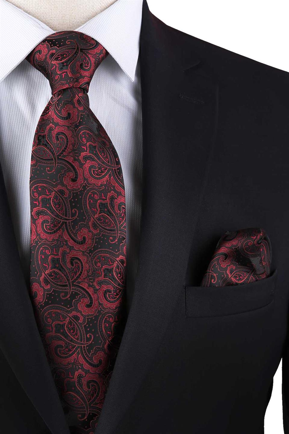 Bordo Şal Desen Mendilli Klasik Kravat KK13124