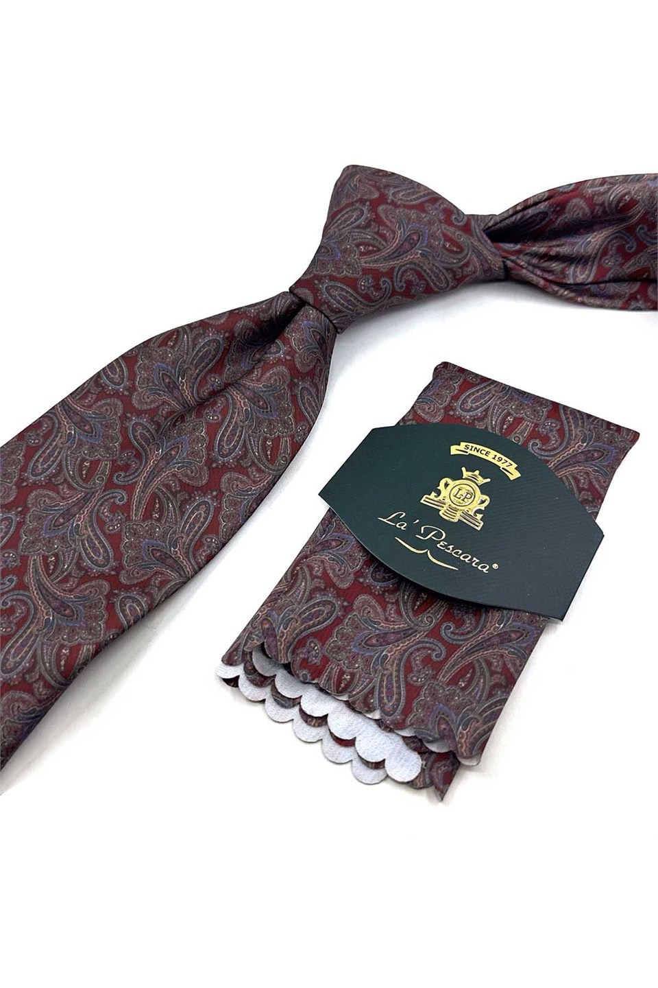 Bordo Şal Desen Mendilli Klasik Kravat KK14048
