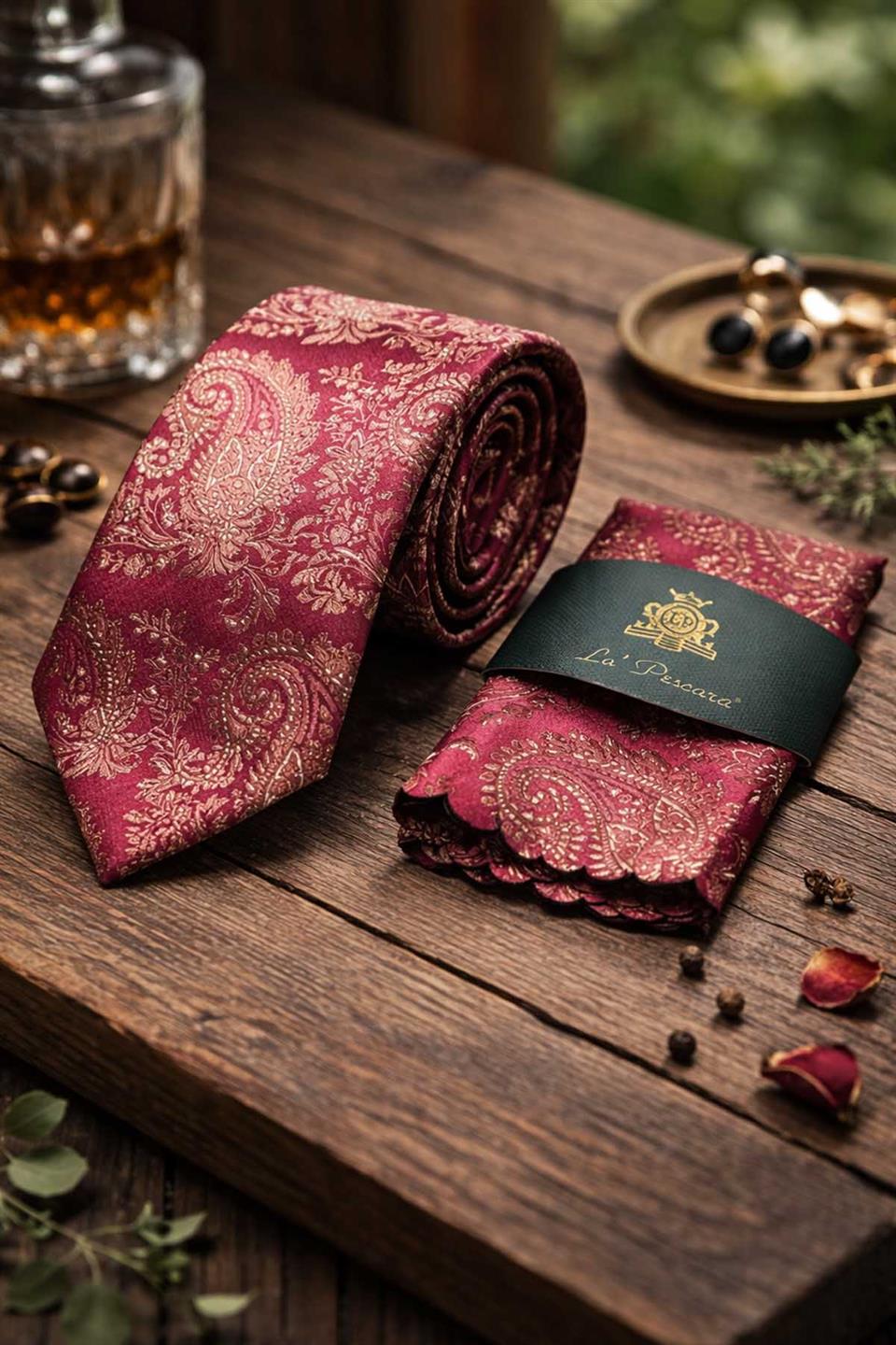 Bordo Şal Desen Mendilli Klasik Kravat KK13119