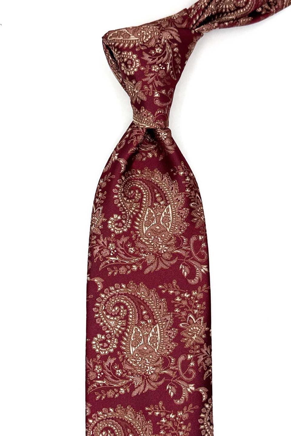 Bordo Şal Desen Mendilli Klasik Kravat KK13119