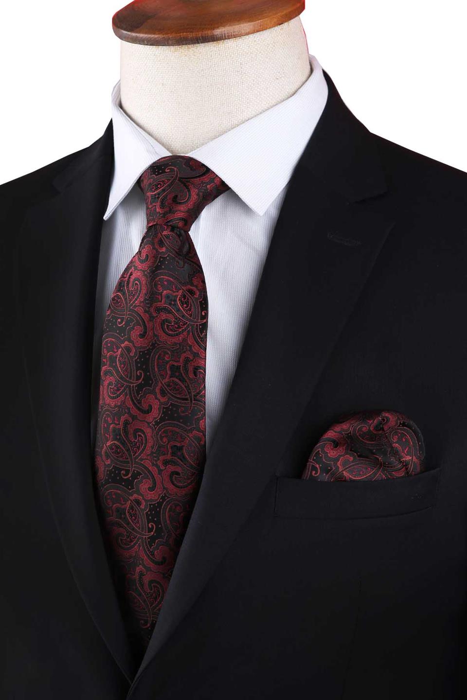 Bordo Şal Desen Mendilli Klasik Kravat KK13124