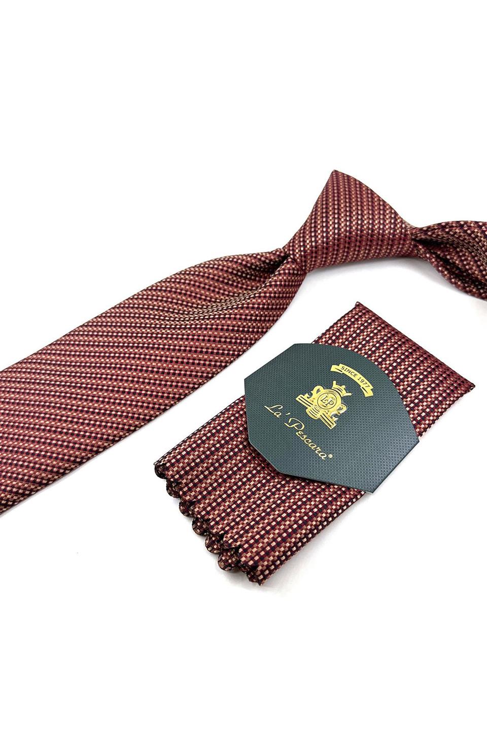 Bordo - Sarı Çizgi Desen Mendilli Klasik Kravat KK11351