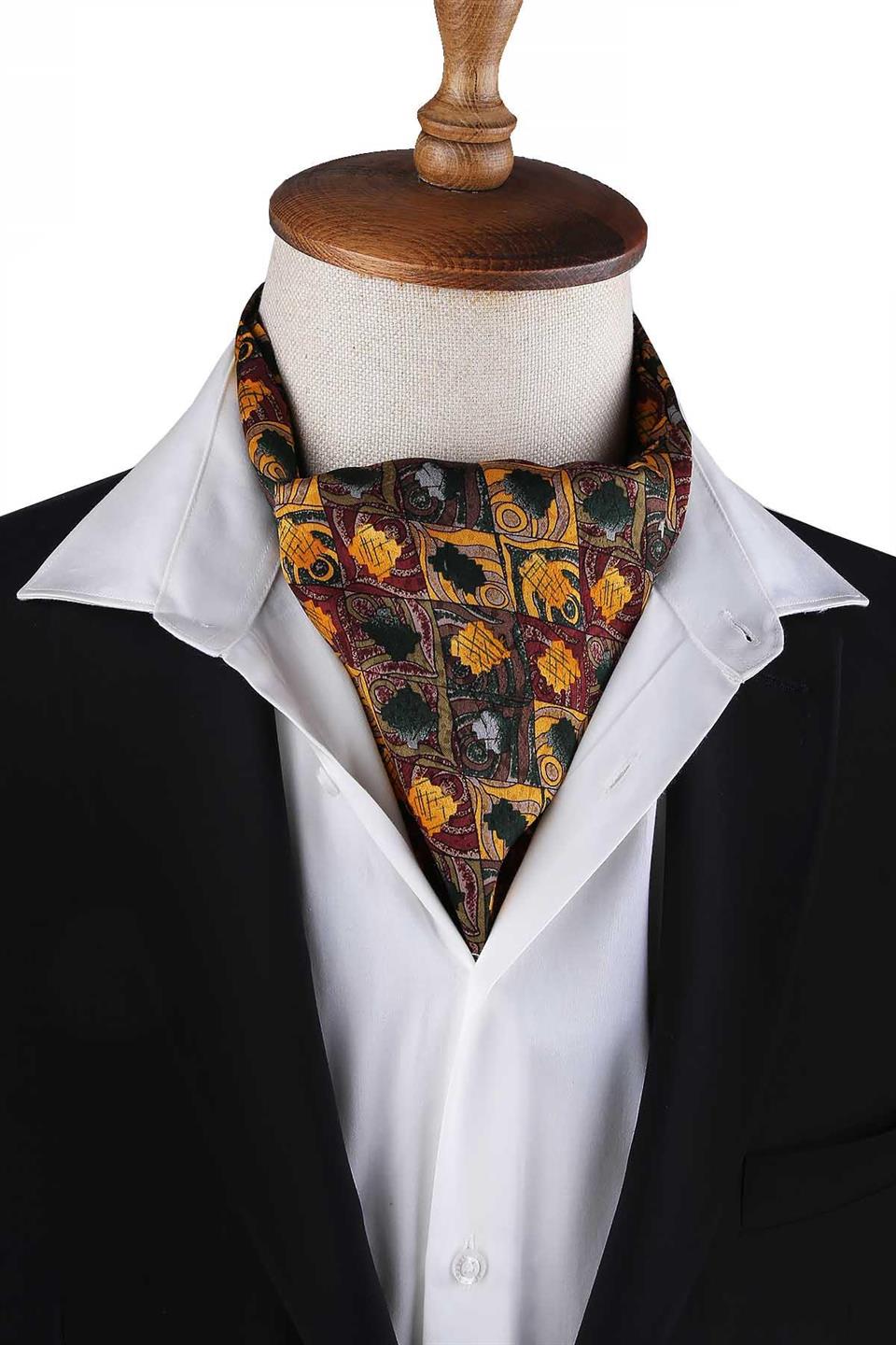 Bordo - Sarı Motif Desen Erkek Ascot Fular K644