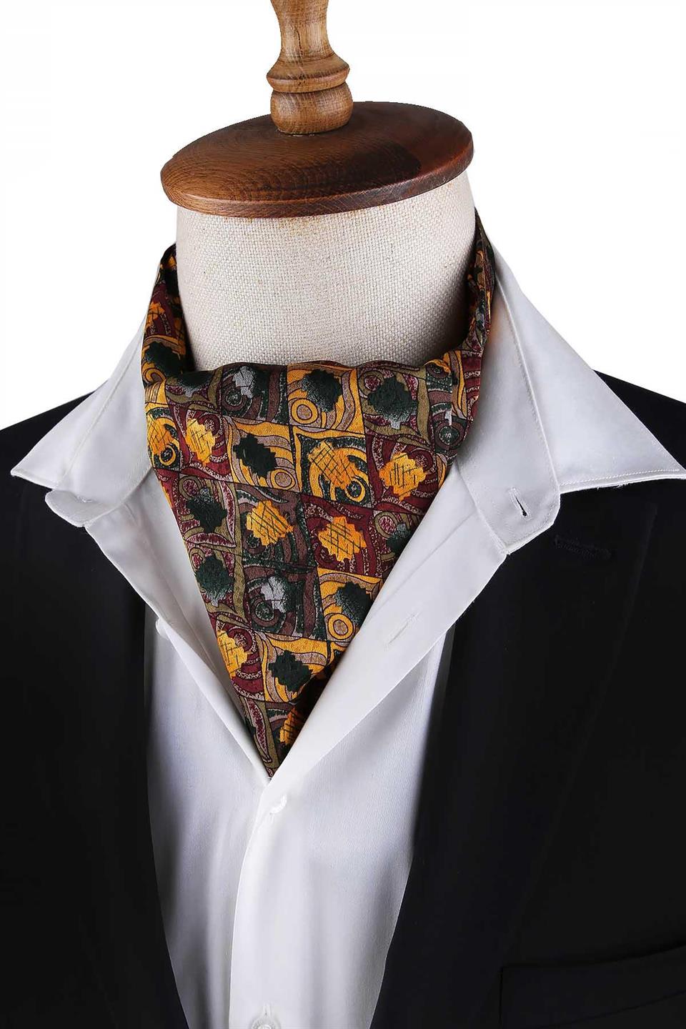Bordo - Sarı Motif Desen Erkek Ascot Fular K644