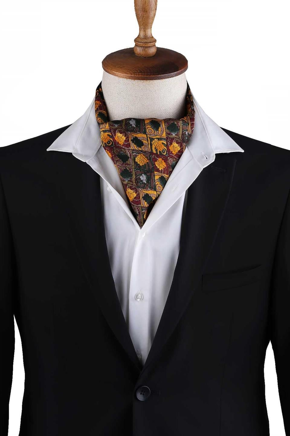 Bordo - Sarı Motif Desen Erkek Ascot Fular K644