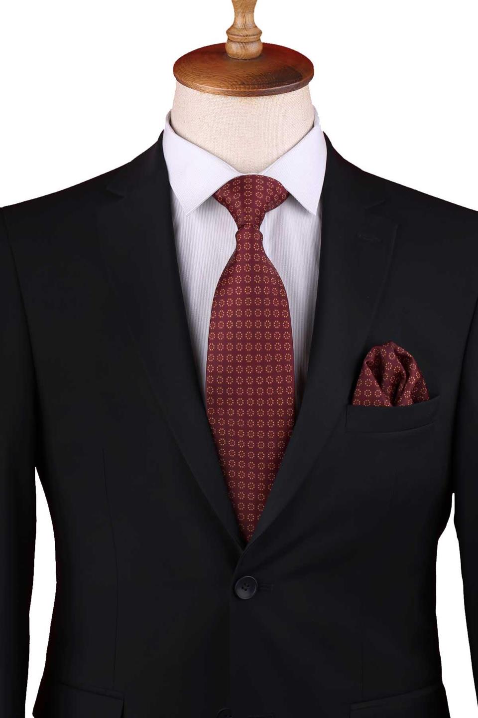 Bordo - Sarı Puantiye Desen Baskılı Mendilli Klasik Kravat KK13345