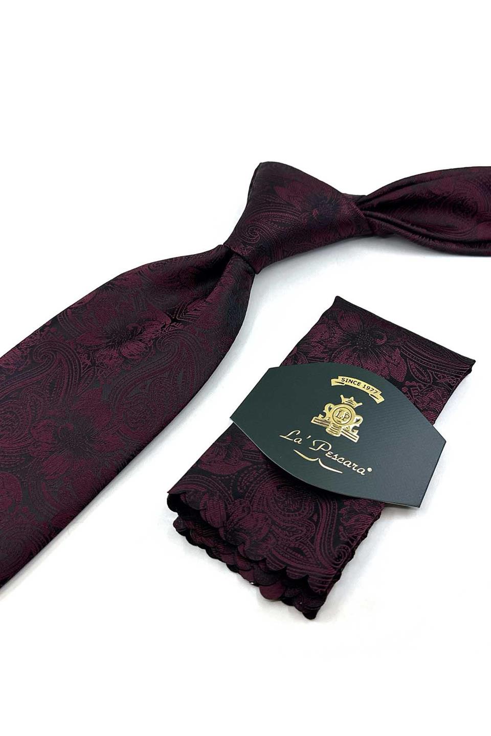 Bordo - Siyah Çiçek Desen Mendilli Klasik Kravat KK13335