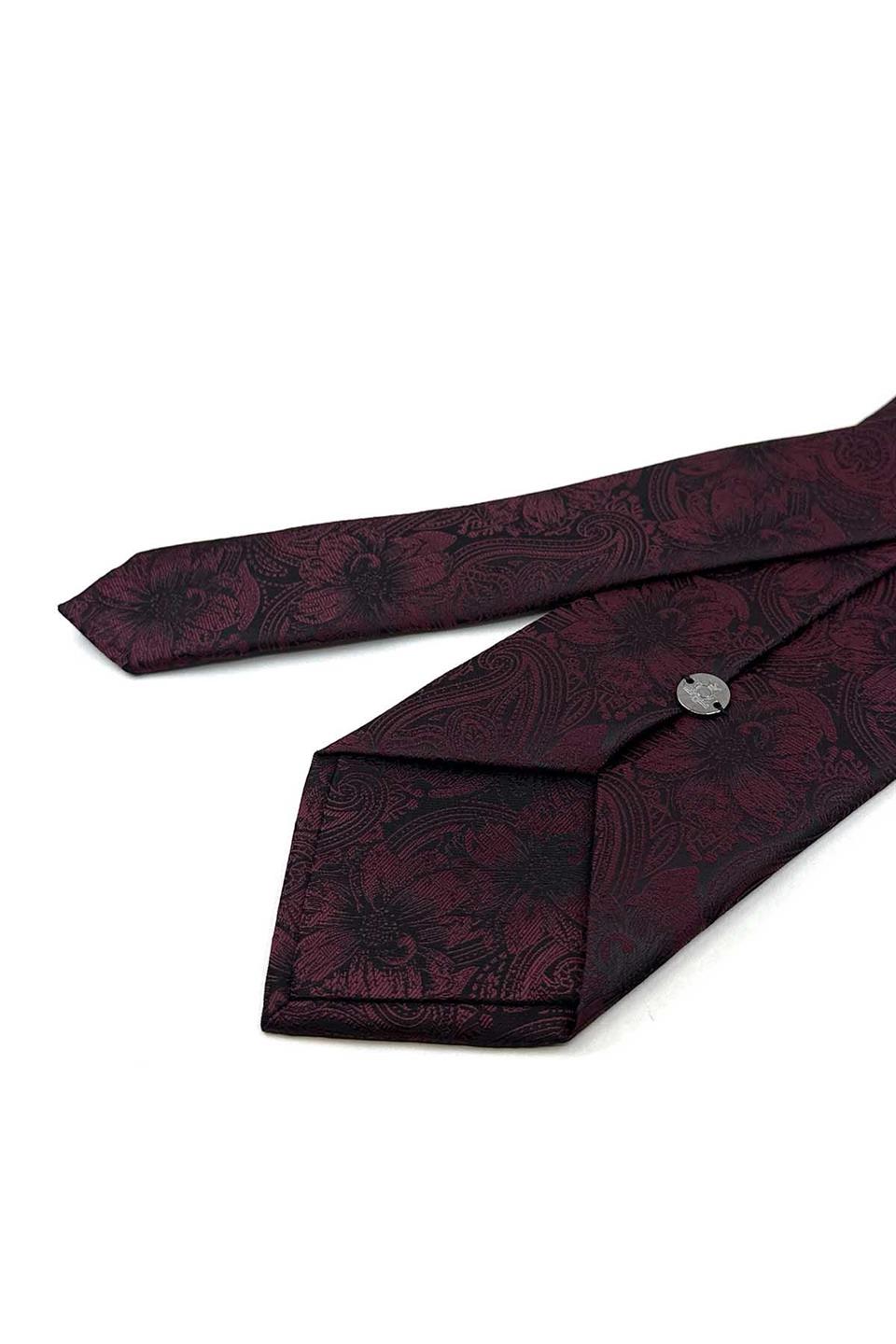 Bordo - Siyah Çiçek Desen Mendilli Klasik Kravat KK13335