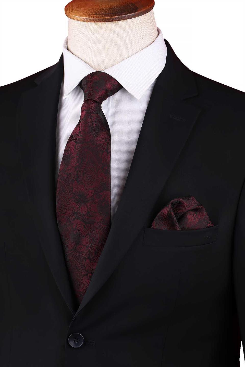 Bordo - Siyah Çiçek Desen Mendilli Klasik Kravat KK13335