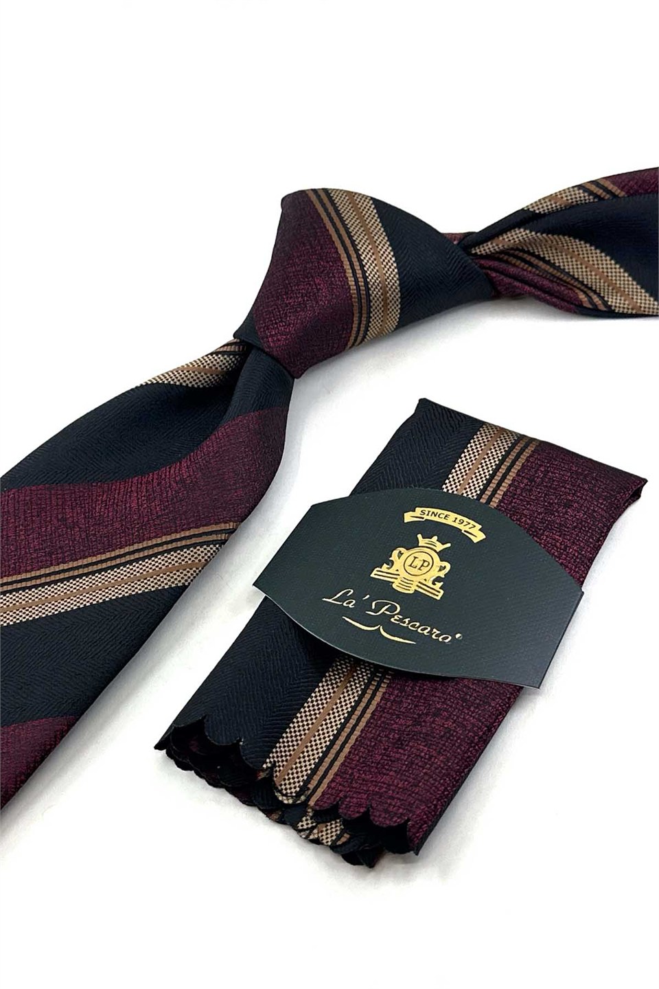 Bordo - Siyah Çizgi Desen Mendilli Klasik Kravat KK12878