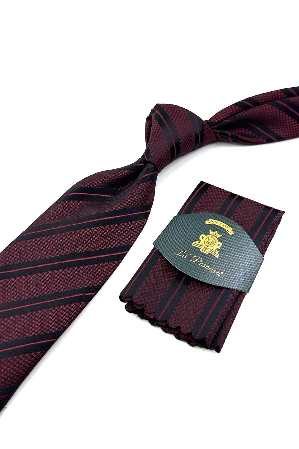 Bordo - Siyah Çizgi Desen Mendilli Klasik Kravat KK12699