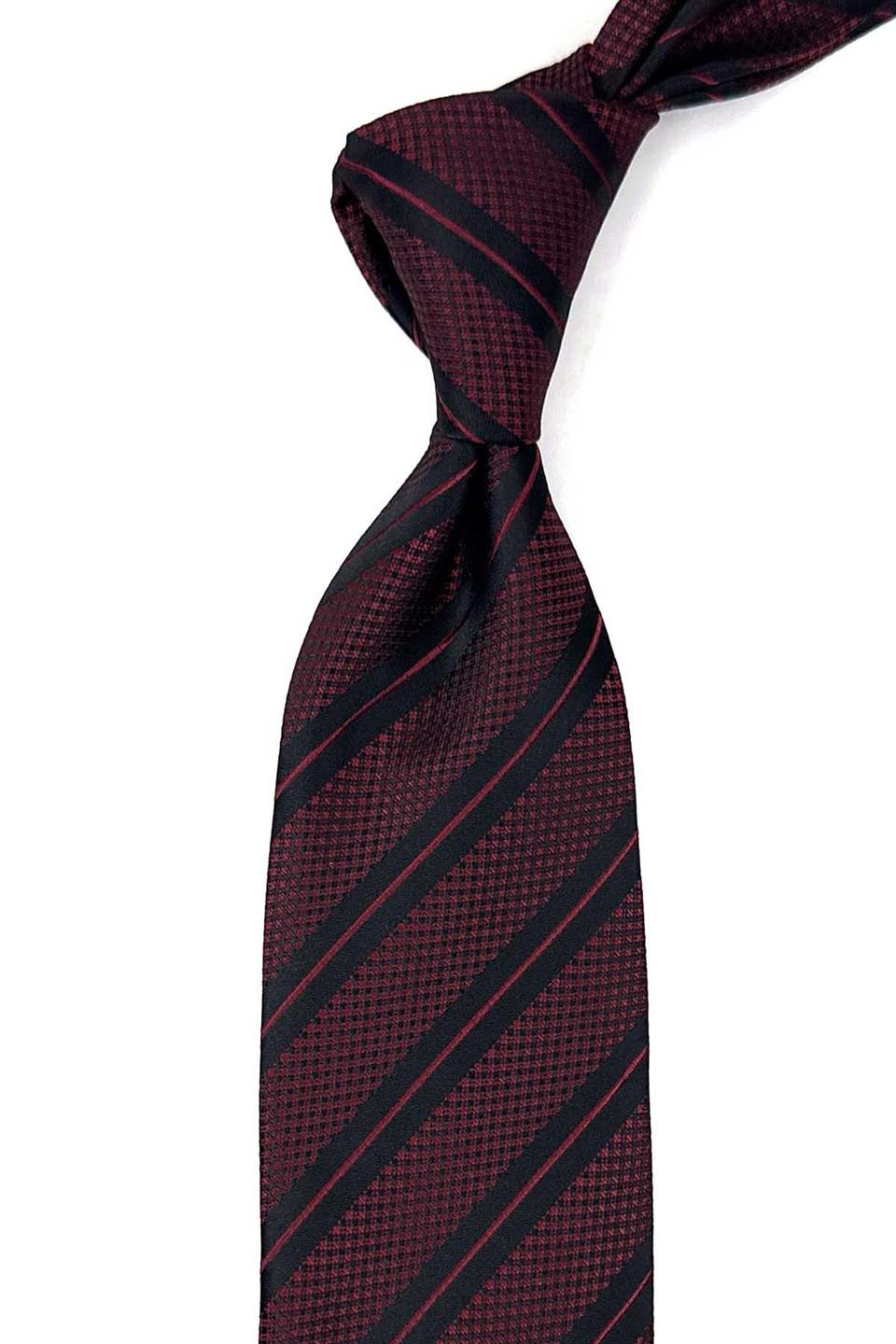 Bordo - Siyah Çizgi Desen Mendilli Klasik Kravat KK12699