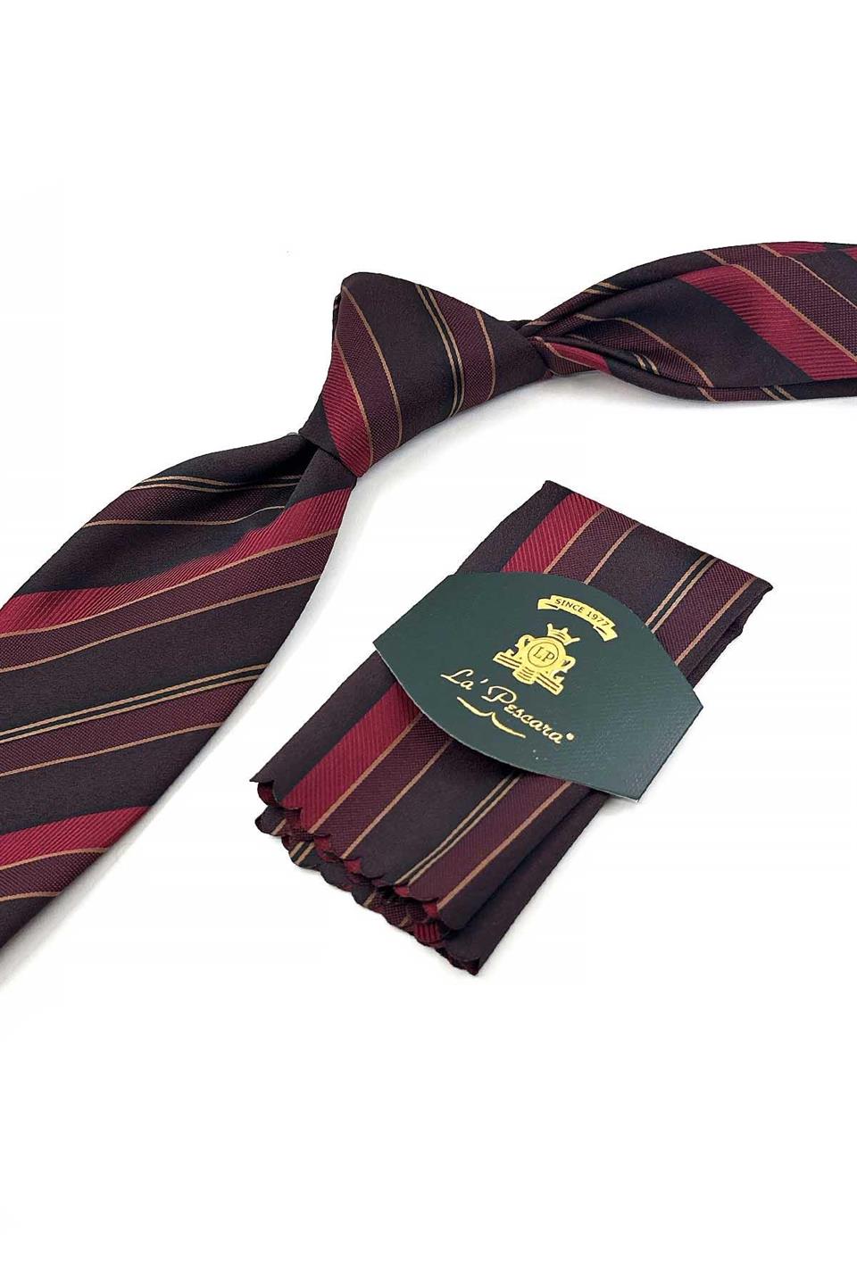 Bordo - Siyah Çizgi Desen Mendilli Klasik Kravat KK13208