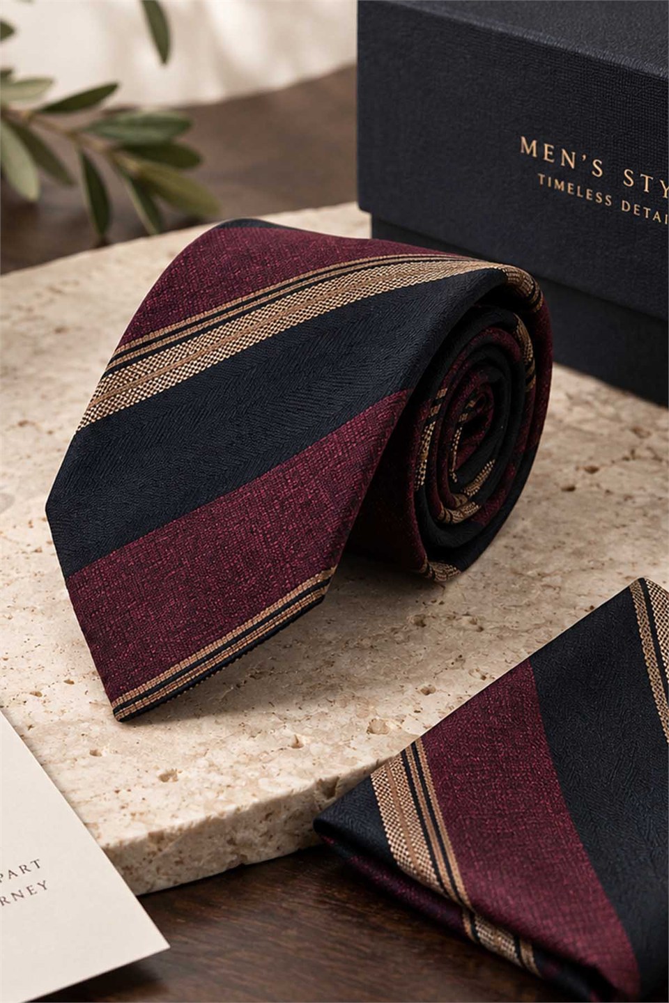 Bordo - Siyah Çizgi Desen Mendilli Klasik Kravat KK12878