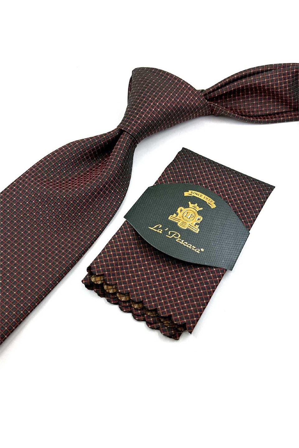 Bordo Siyah Kare Desen Mendilli Klasik Kravat KK14142