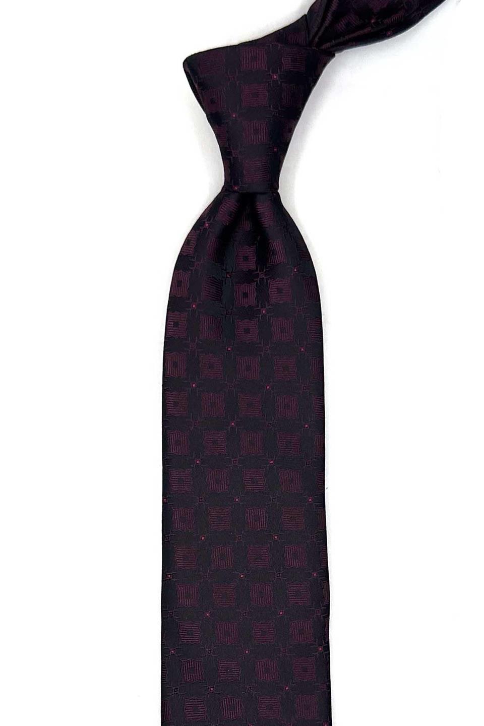Bordo - Siyah Kare Desen Slim Kravat SK7952