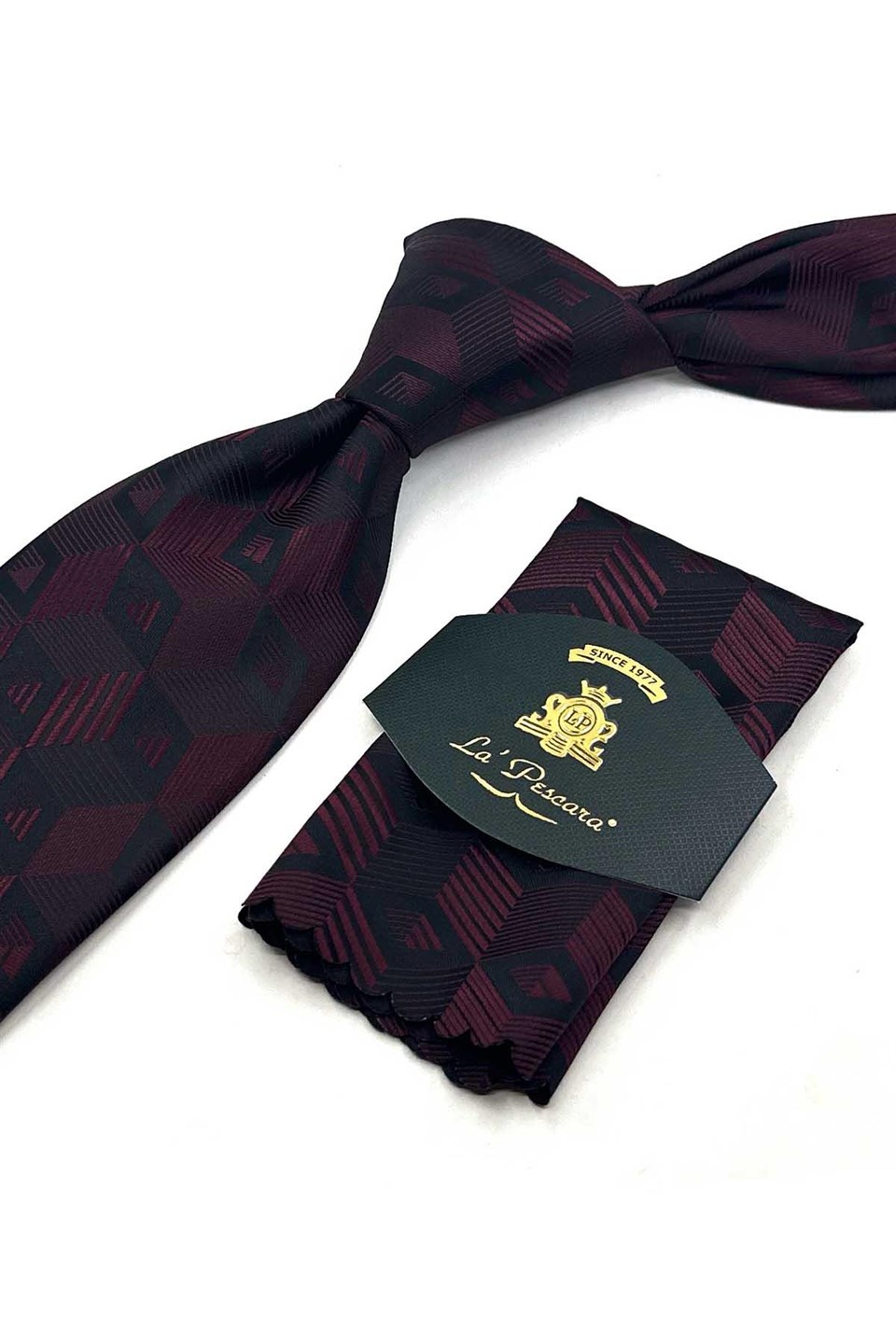 Bordo Siyah Motif Desen Mendilli Klasik Kravat KK13786