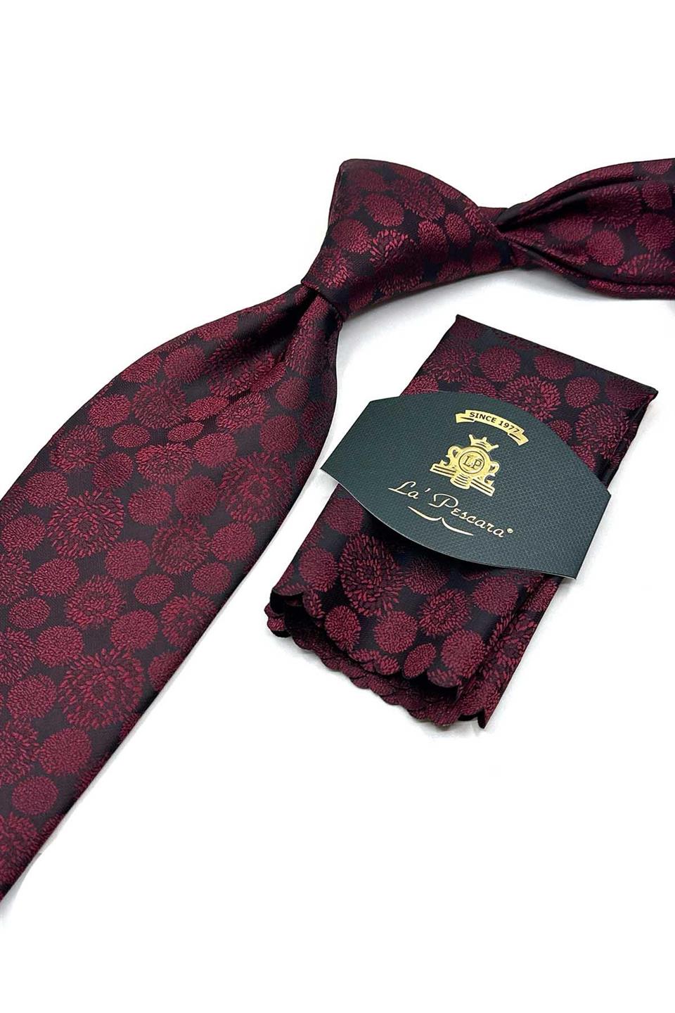 Bordo - Siyah Motif Desen Mendilli Klasik Kravat KK13687