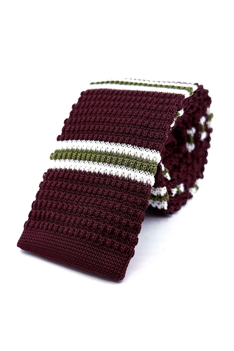 Bordo - Yeşil Çizgili Örgü Kravat ÖR8376
