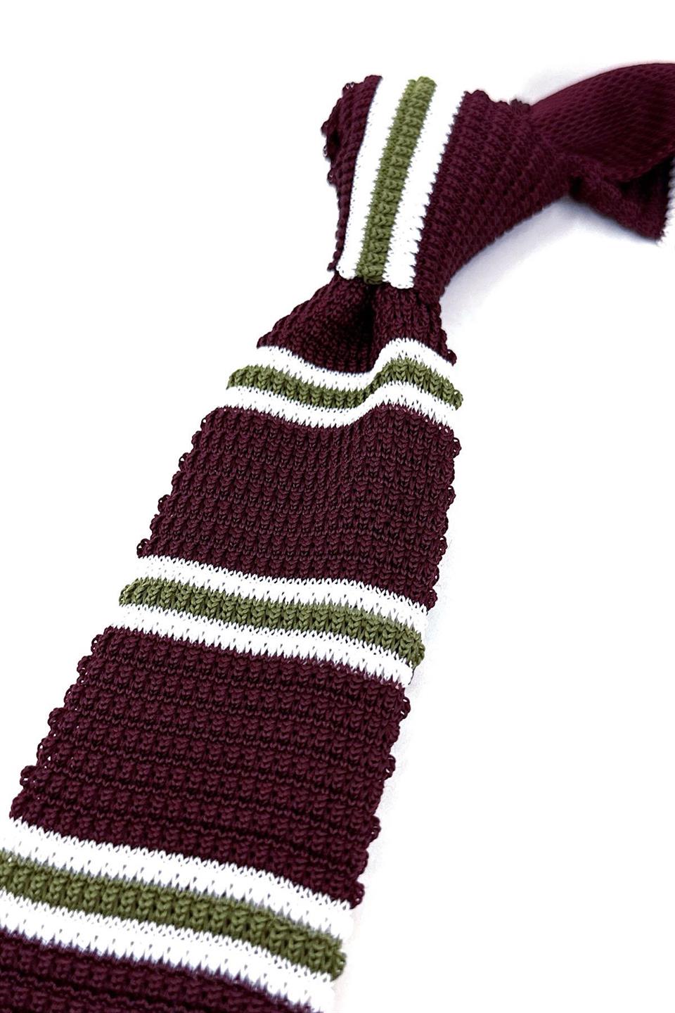 Bordo - Yeşil Çizgili Örgü Kravat ÖR8376