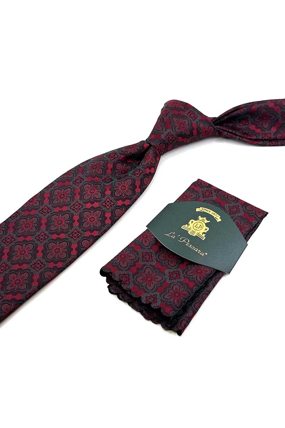 Bordo - Yeşil Motif Desen Mendilli Klasik Kravat KK12376