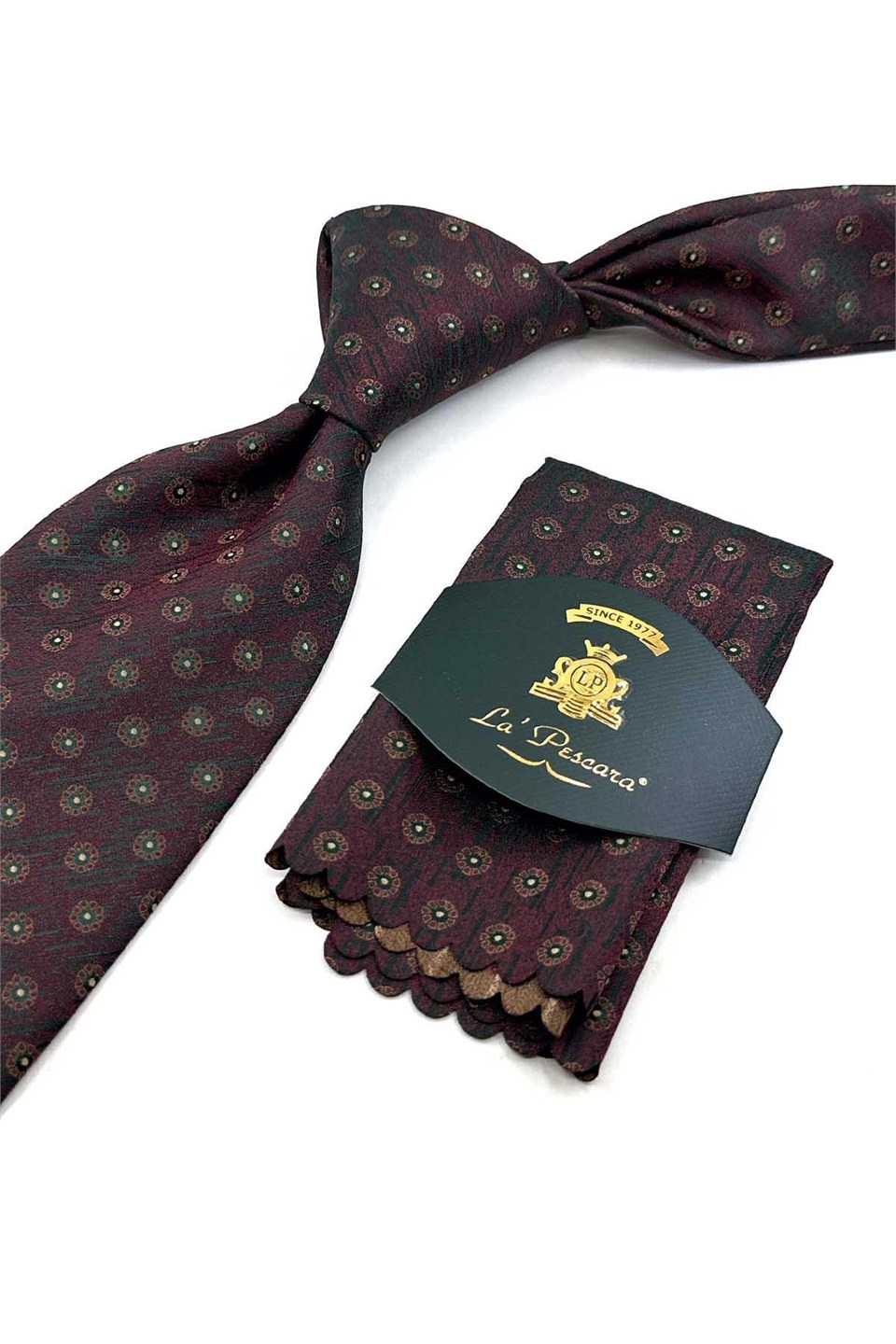 Bordo Yeşil Puantiye Desen Mendilli Klasik Kravat KK14150