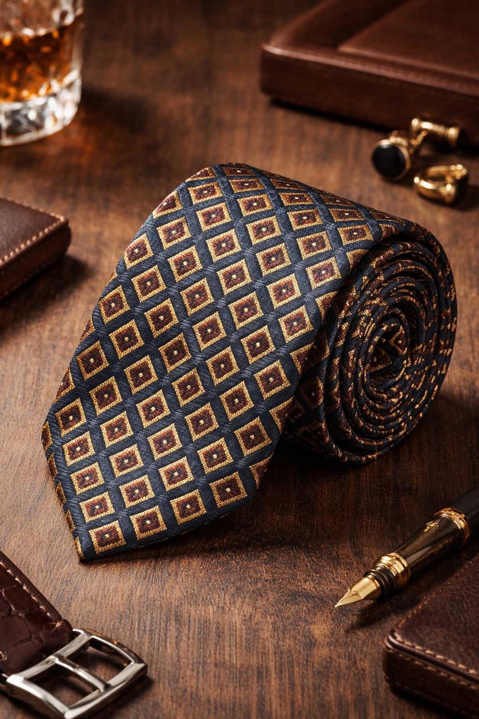 Brissago Style Lacivert Motif Desen İtalyan İpek Kravat İK2240