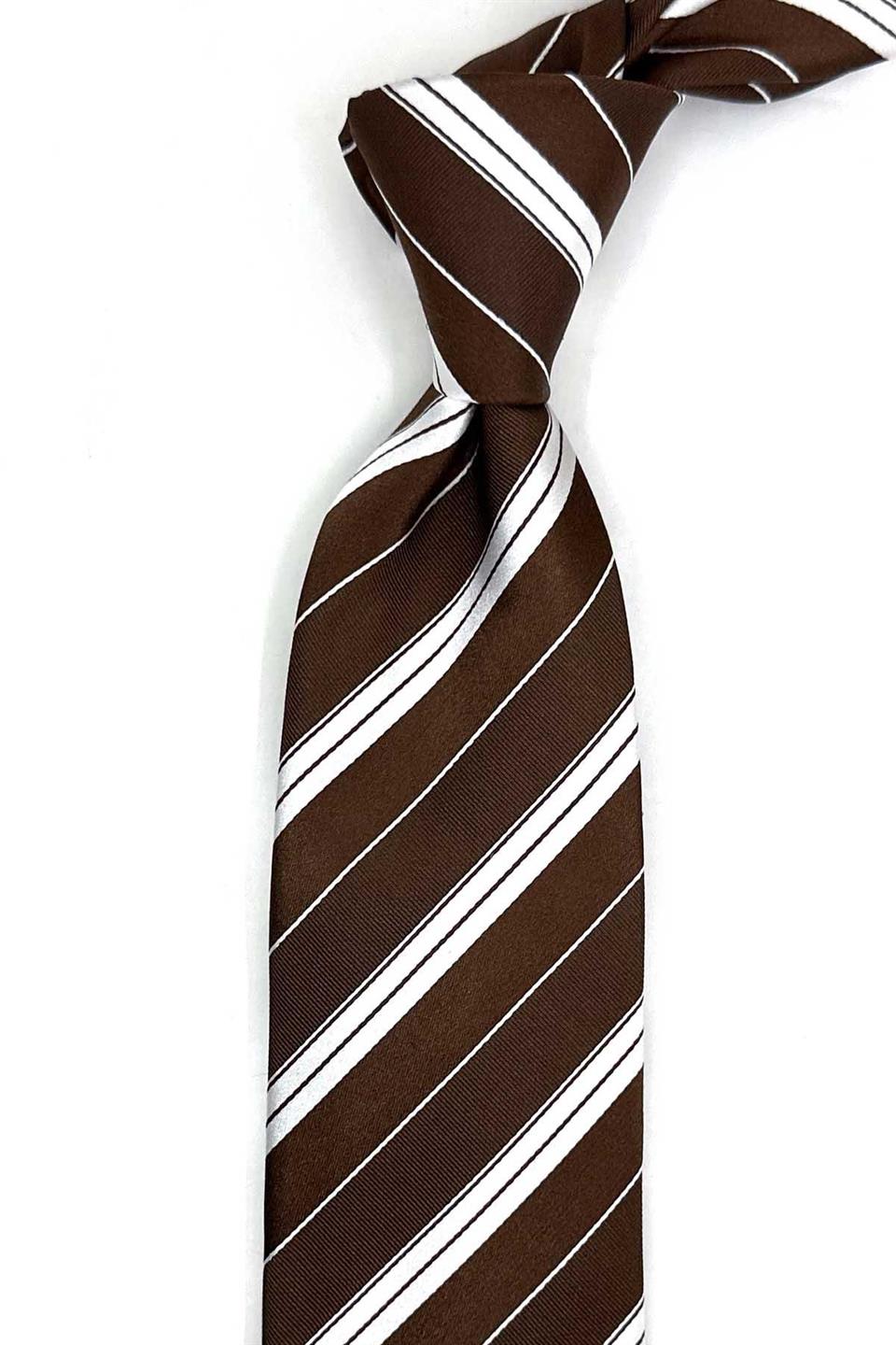 Bruere Style Kahverengi Çizgi Desen İtalyan İpek Kravat İK2256