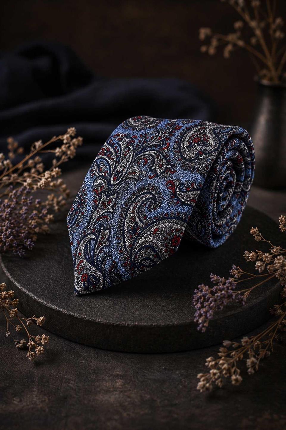 Bucanieri Style Şal Desen İtalyan Açık Mavi İpek Kravat İK2356