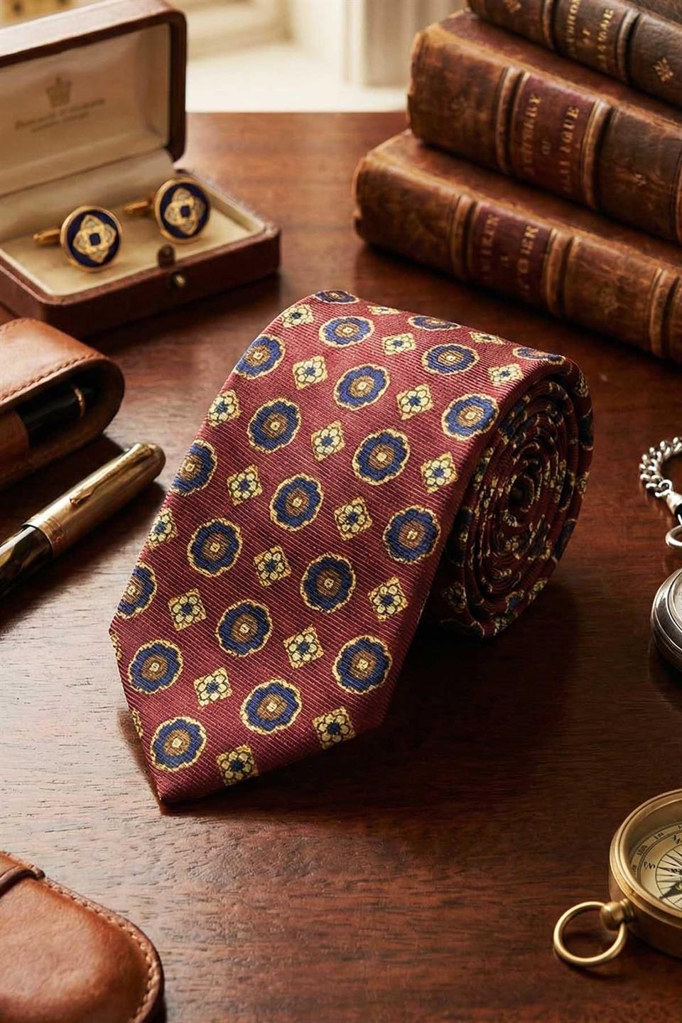 Buiggio Style Bordo Motif Desen İtalyan İpek Kravat İK2229