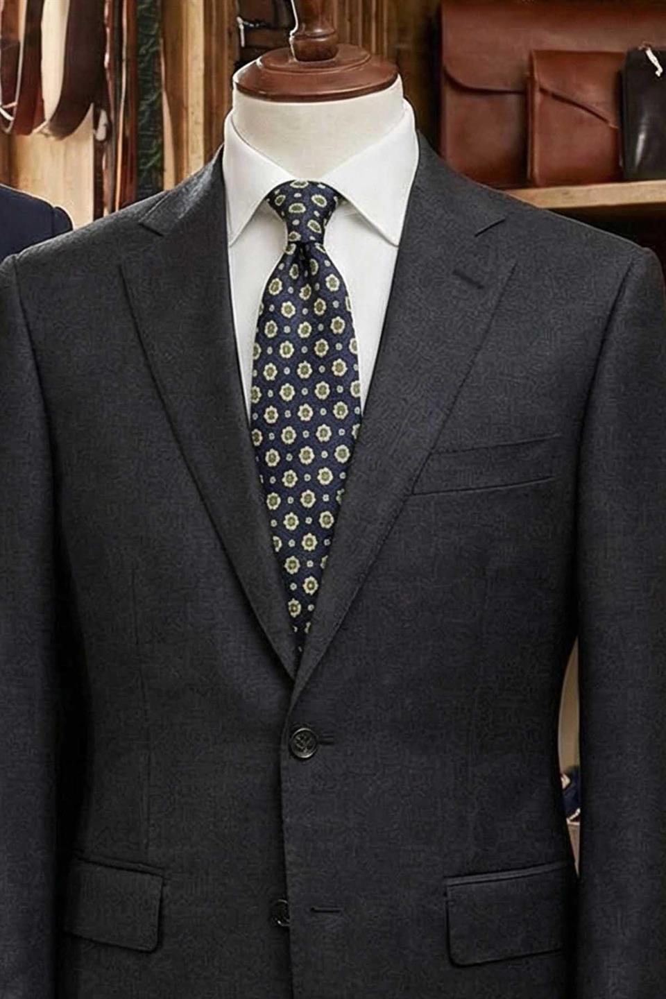 Cademario Style Koyu Lacivert Motif Desen İtalyan İpek Kravat İK2230