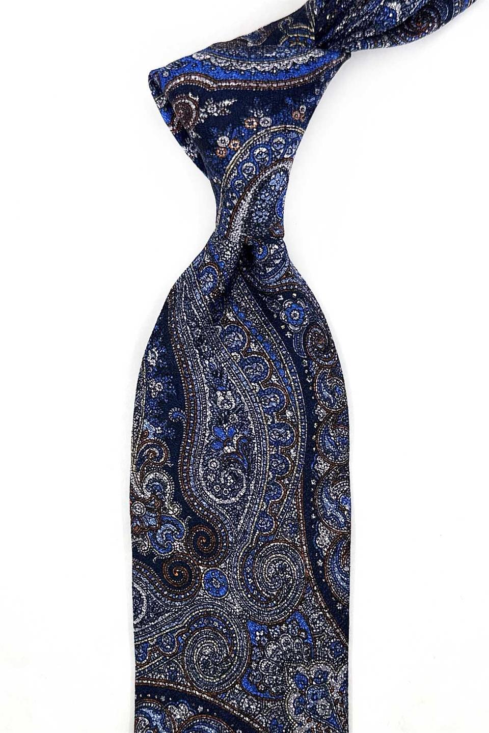 Calavera Style Şal Desen İtalyan Lacivert İpek Kravat İK2357