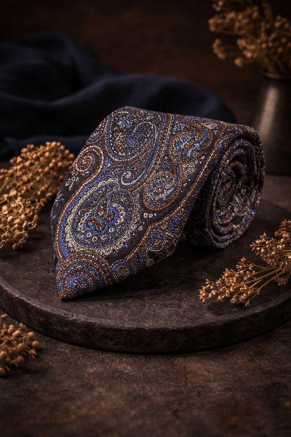 Calavera Style Şal Desen İtalyan Lacivert İpek Kravat İK2357