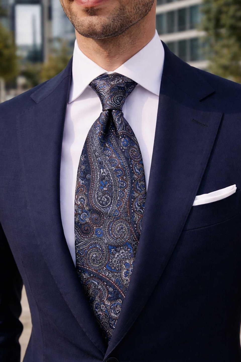 Calavera Style Şal Desen İtalyan Lacivert İpek Kravat İK2357