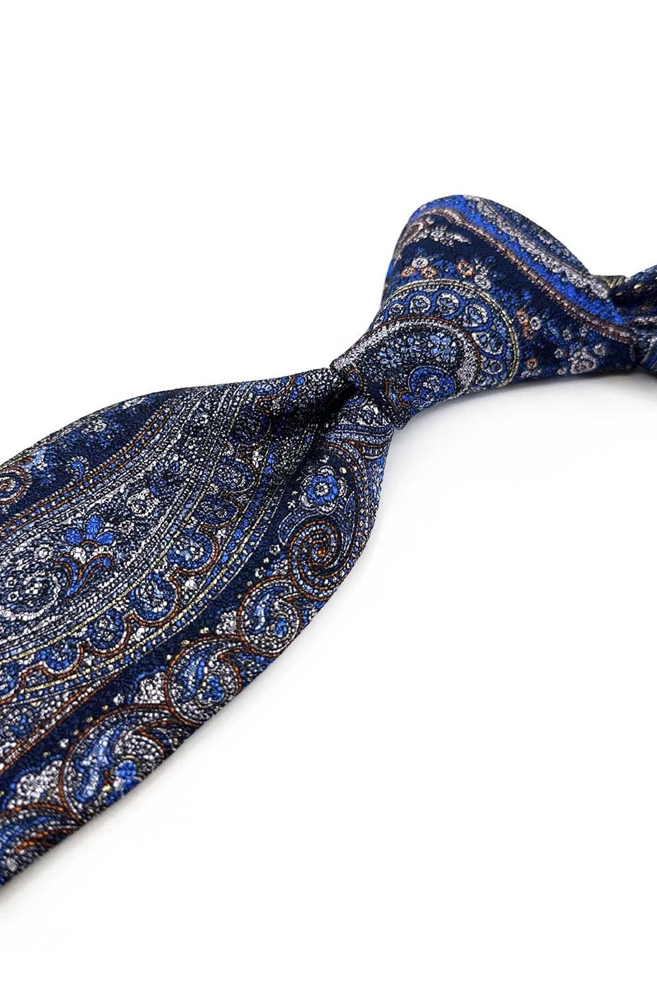 Calavera Style Şal Desen İtalyan Lacivert İpek Kravat İK2357