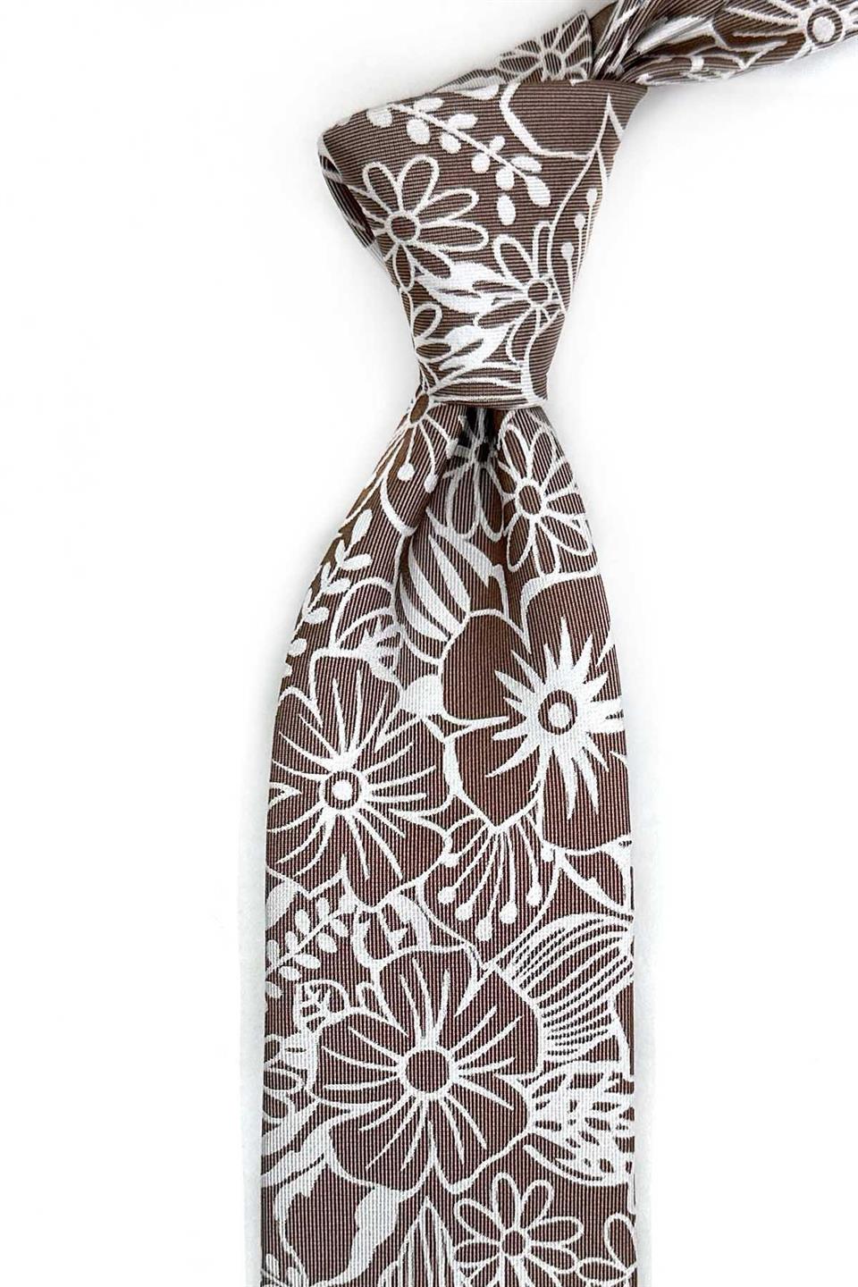 Caprie Style Bej Çiçek Desen İtalyan İpek Kravat İK2275
